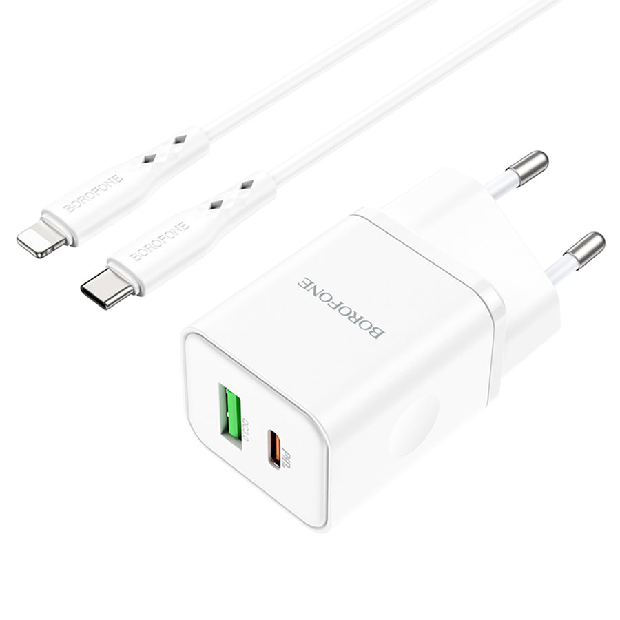 Verkkolaturi Lightning-kaapelilla Borofone BN7, 20W, 3A, 1 x USB-A - 1 x USB-C, Valkoinen