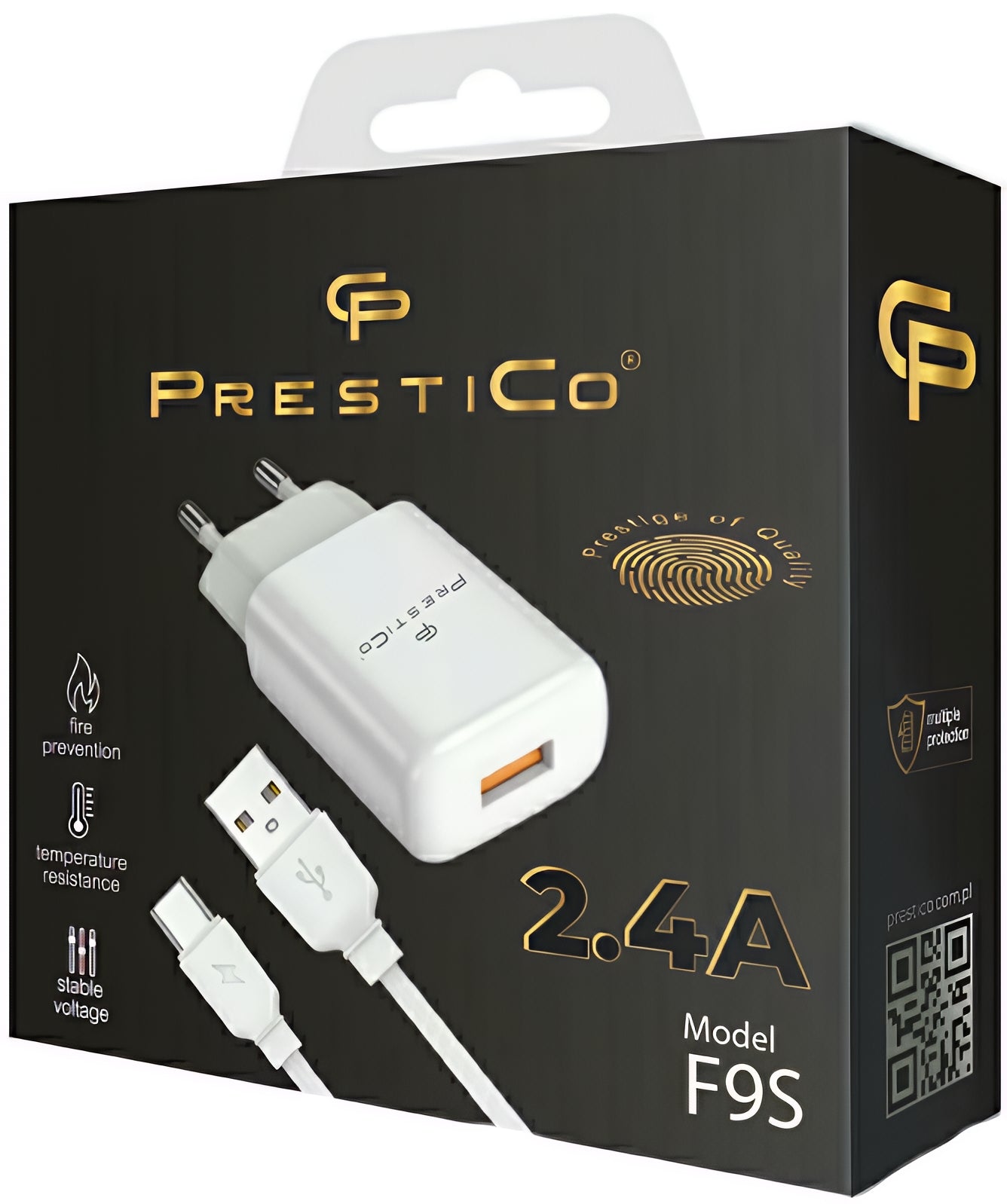 Verkkolaturi USB-C-kaapelilla Prestico F9S, 12W, 2.4A, 1 x USB-A, Valkoinen