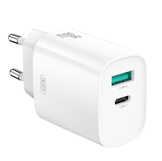 Verkkolaturi Lightning-kaapelilla XO Design CE30, 30W, 3A, 1 x USB-A - 1 x USB-C, Valkoinen