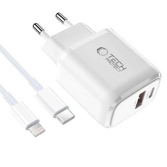 Verkkolaturi Lightning-kaapelilla Tech-Protect NCA20, 20W, 3A, 1 x USB-A - 1 x USB-C, Valkoinen