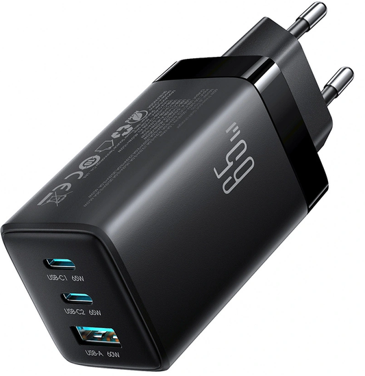Verkkolaturi USB-C-kaapelilla Joyroom JR-TG10, 65W, 3,25A, 1 x USB-A - 2 x USB-C, Musta