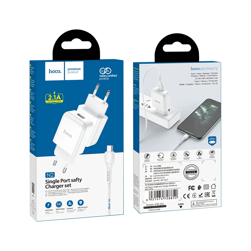 Verkkolaturi microUSB-kaapelilla HOCO N3, 18W, 3A, 1 x USB-A, Valkoinen