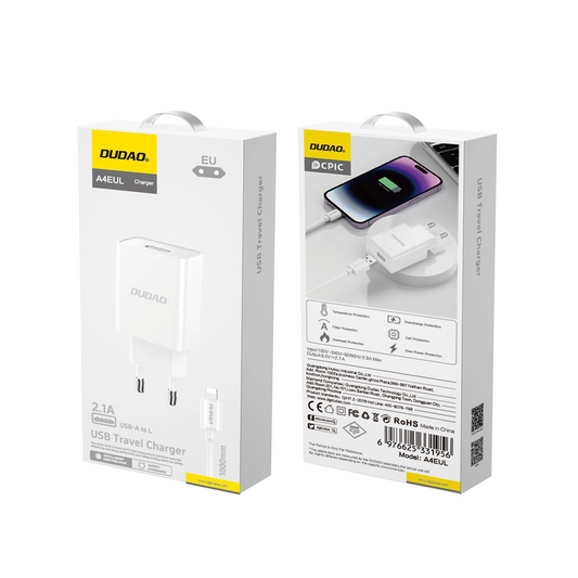 Verkkolaturi Lightning-kaapelilla Dudao A4EU, 10W, 2.1A, 1 x USB-A, Valkoinen