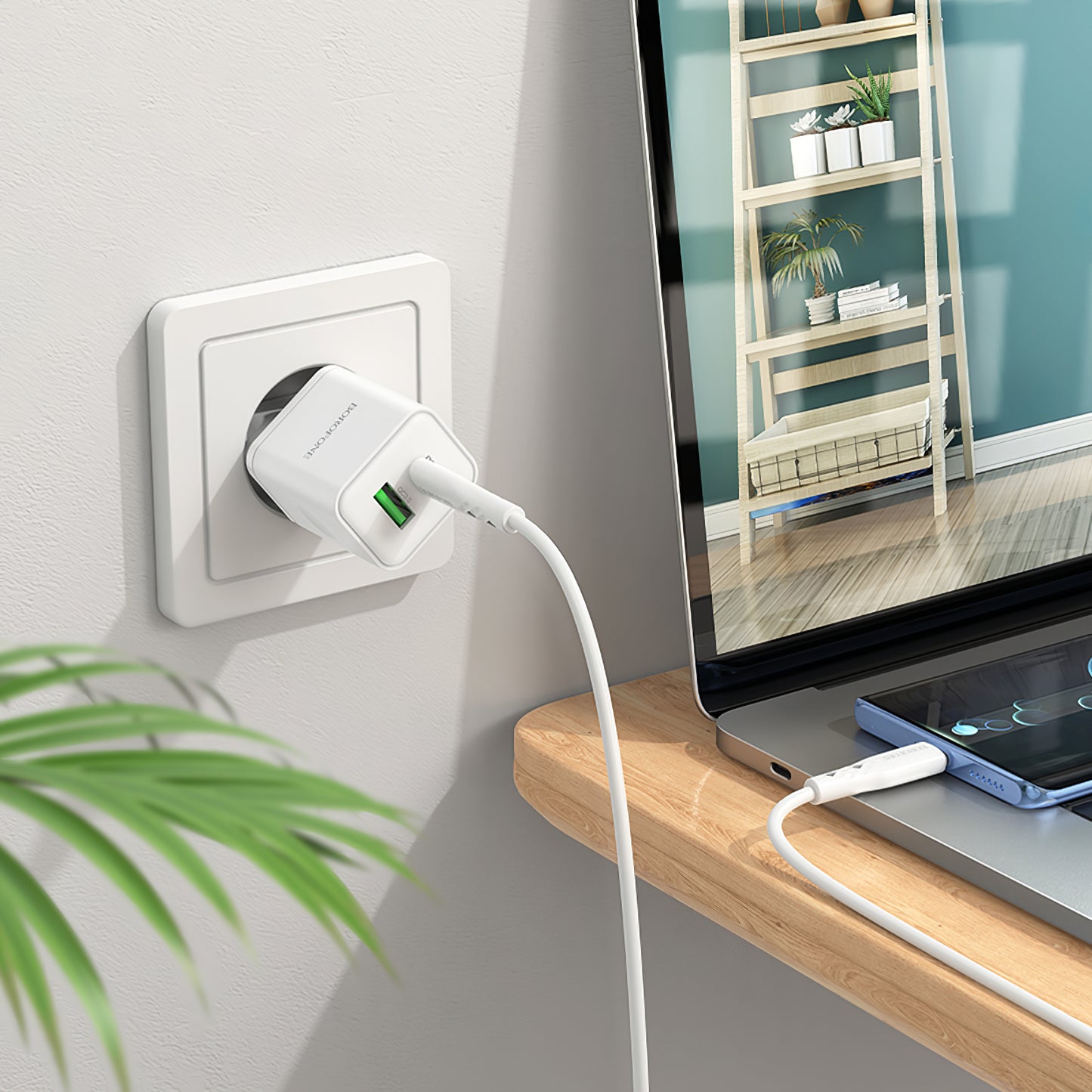 Verkkolaturi USB-C-kaapelilla Borofone BN7, 20W, 3A, 1 x USB-A - 1 x USB-C, valkoinen