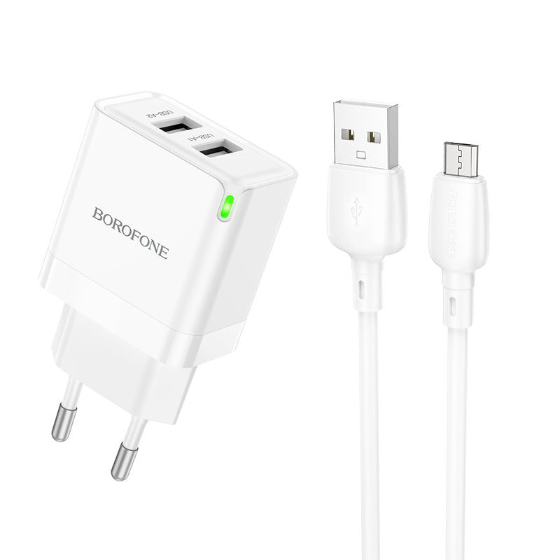 Verkkolaturi microUSB-kaapelilla Borofone BN15 Strong, 10.5W, 2.1A, 2 x USB-A, valkoinen