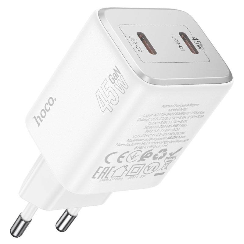 Network Charger with Lightning Cable HOCO N42, 45W, 3A, 2 x USB-C, White