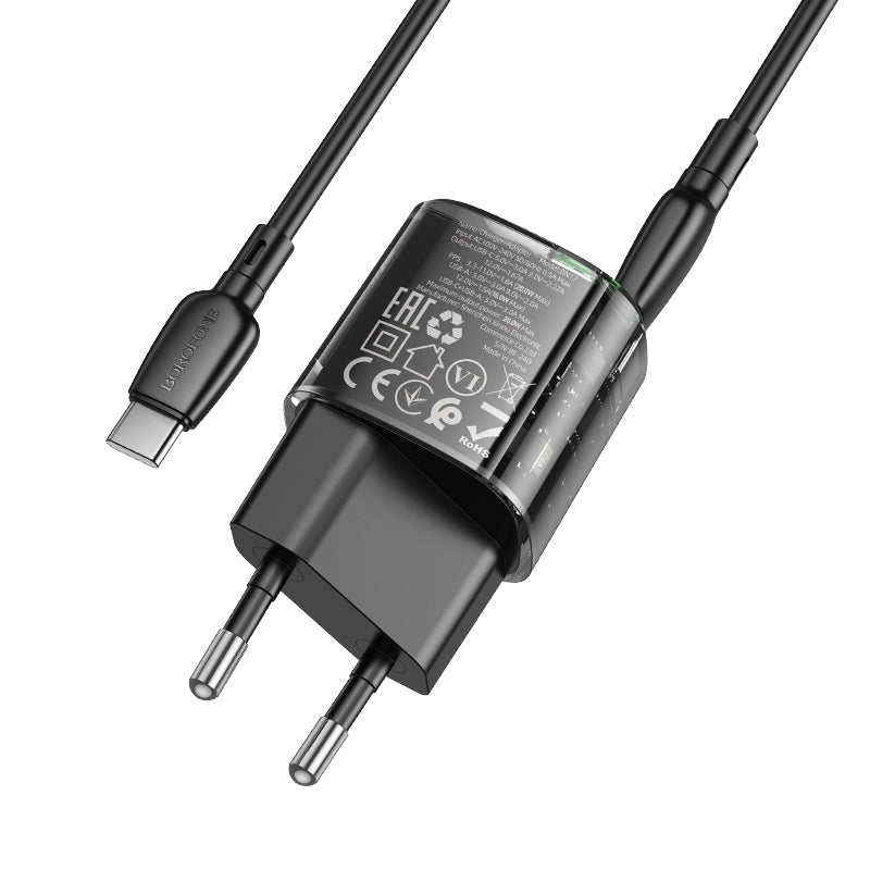 Verkkolaturi USB-C-kaapelilla Borofone BN17 Sunlight, 20W, 3A, 1 x USB-A - 1 x USB-C, Musta