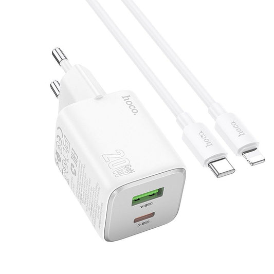 Verkkolaturi Lightning-kaapelilla HOCO N41, 20W, 3A, 1 x USB-A - 1 x USB-C, Valkoinen