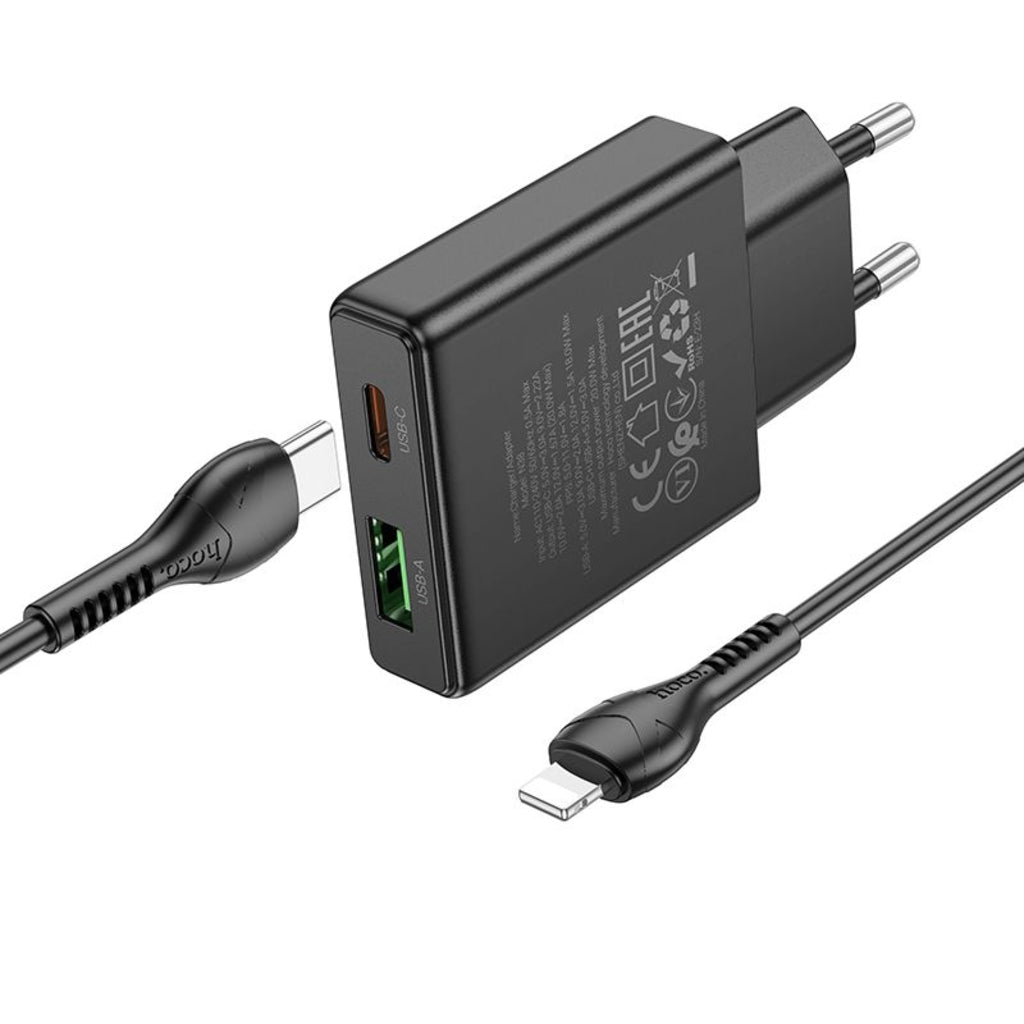 Verkkolaturi Lightning-kaapelilla HOCO N38, 20W, 3A, 1 x USB-A - 1 x USB-C, Musta