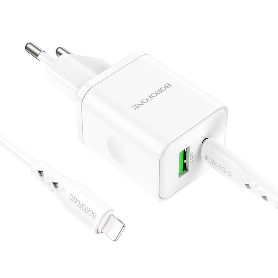 Verkkolaturi Lightning-kaapelilla Borofone BN7, 20W, 3A, 1 x USB-A - 1 x USB-C, Valkoinen