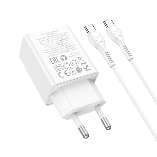 Verkkolaturi USB-C-kaapelilla HOCO N71, 30W, 3A, 1 x USB-A - 1 x USB-C, Valkoinen