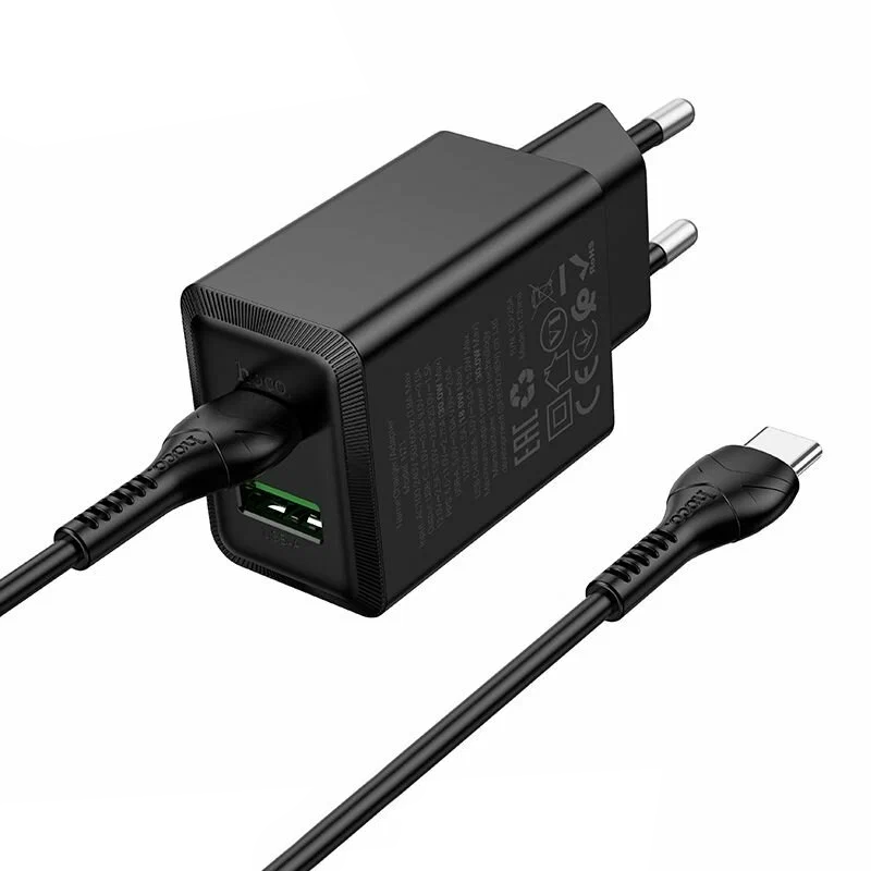 Network Charger with USB-C Cable HOCO N71, 30W, 3A, 1 x USB-A - 1 x USB-C, Black