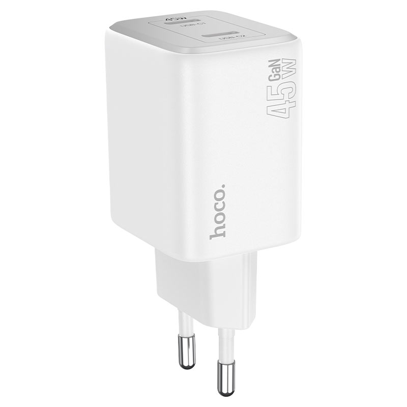 Network Charger with Lightning Cable HOCO N42, 45W, 3A, 2 x USB-C, White