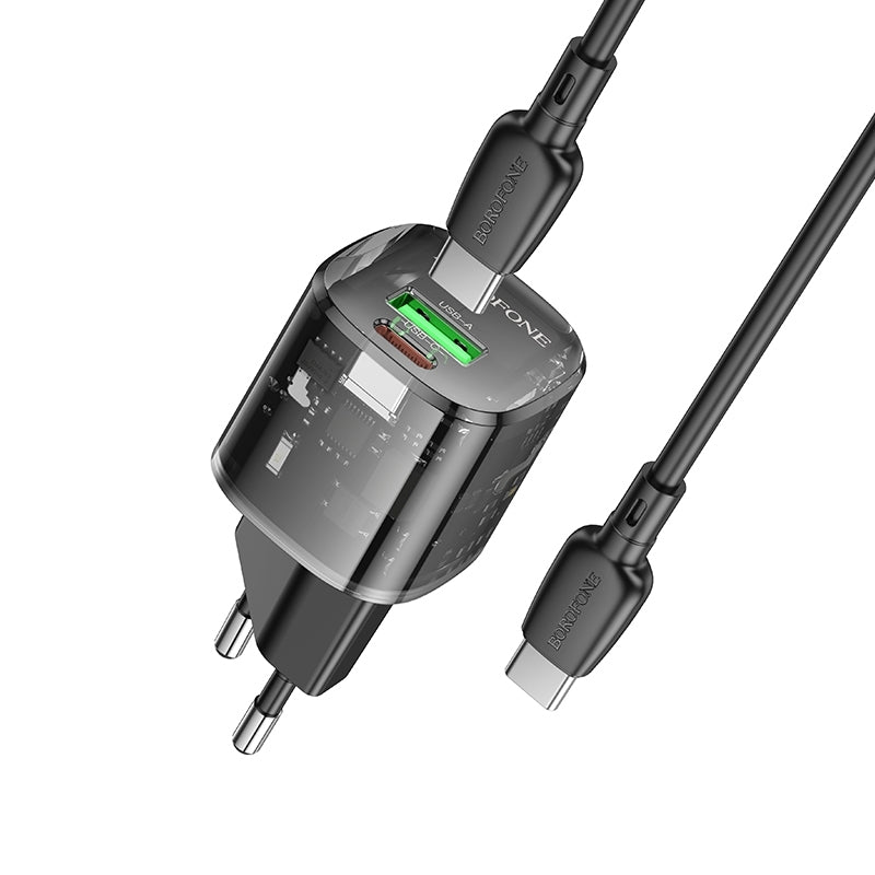 Verkkolaturi USB-C-kaapelilla Borofone BN17 Sunlight, 20W, 3A, 1 x USB-A - 1 x USB-C, Musta