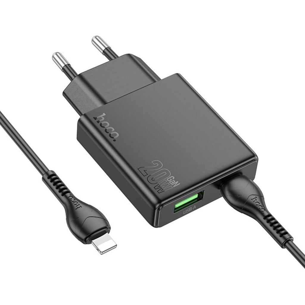 Verkkolaturi Lightning-kaapelilla HOCO N38, 20W, 3A, 1 x USB-A - 1 x USB-C, Musta