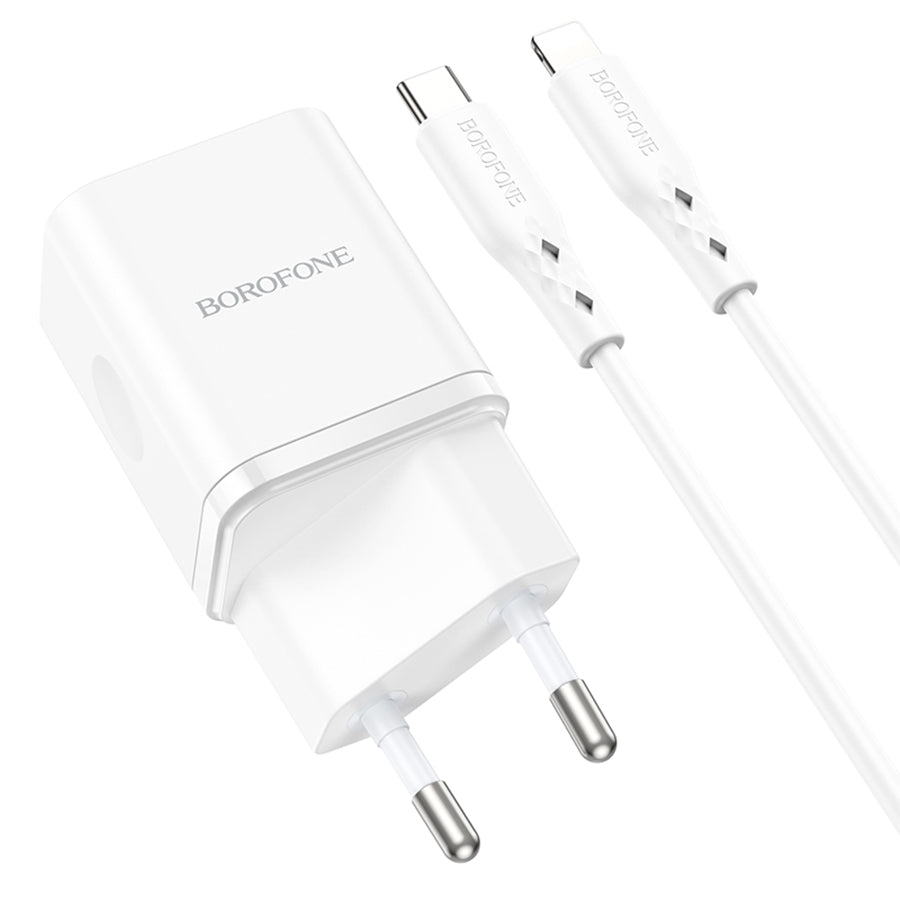 Verkkolaturi Lightning-kaapelilla Borofone BN7, 20W, 3A, 1 x USB-A - 1 x USB-C, Valkoinen