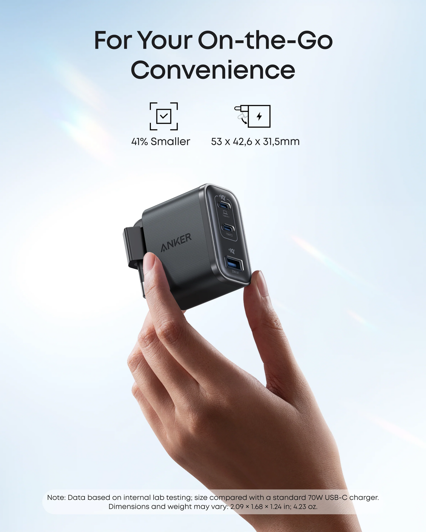 Anker Nano USB-C-verkkolaturi kaapelilla, 70W, 3.5A, 1 x USB-A - 2 x USB-C, Harmaa B121A311