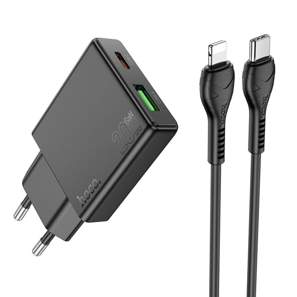 Verkkolaturi Lightning-kaapelilla HOCO N38, 20W, 3A, 1 x USB-A - 1 x USB-C, Musta