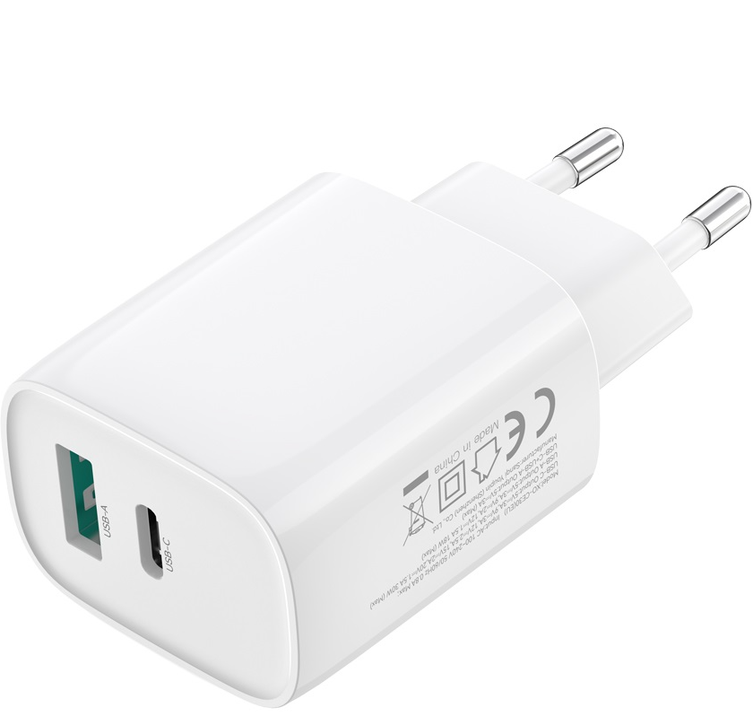 Verkkolaturi USB-C-kaapelilla XO Design CE30, 30W, 3A, 1 x USB-A - 1 x USB-C, Valkoinen