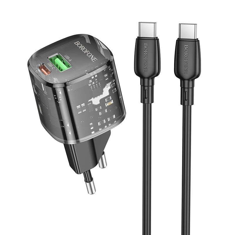 Verkkolaturi USB-C-kaapelilla Borofone BN17 Sunlight, 20W, 3A, 1 x USB-A - 1 x USB-C, Musta