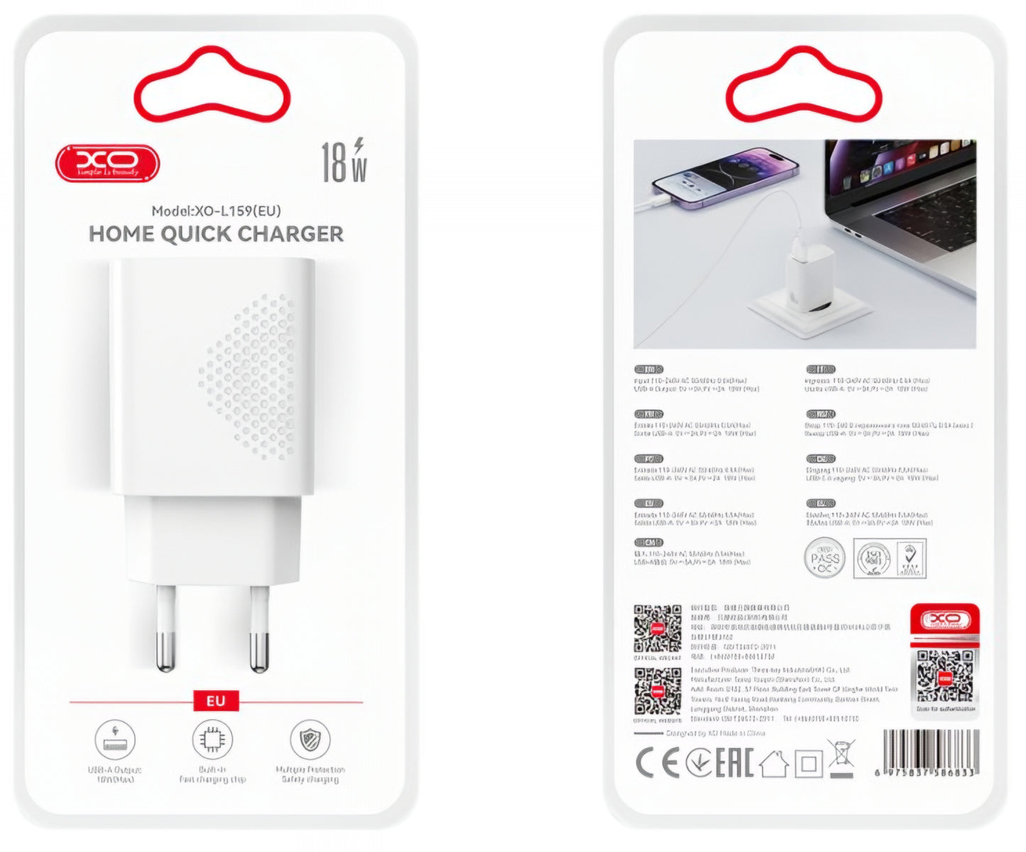 Verkkolaturi microUSB-kaapelilla XO Design L159, 18W, 3A, 1 x USB-A, Valkoinen