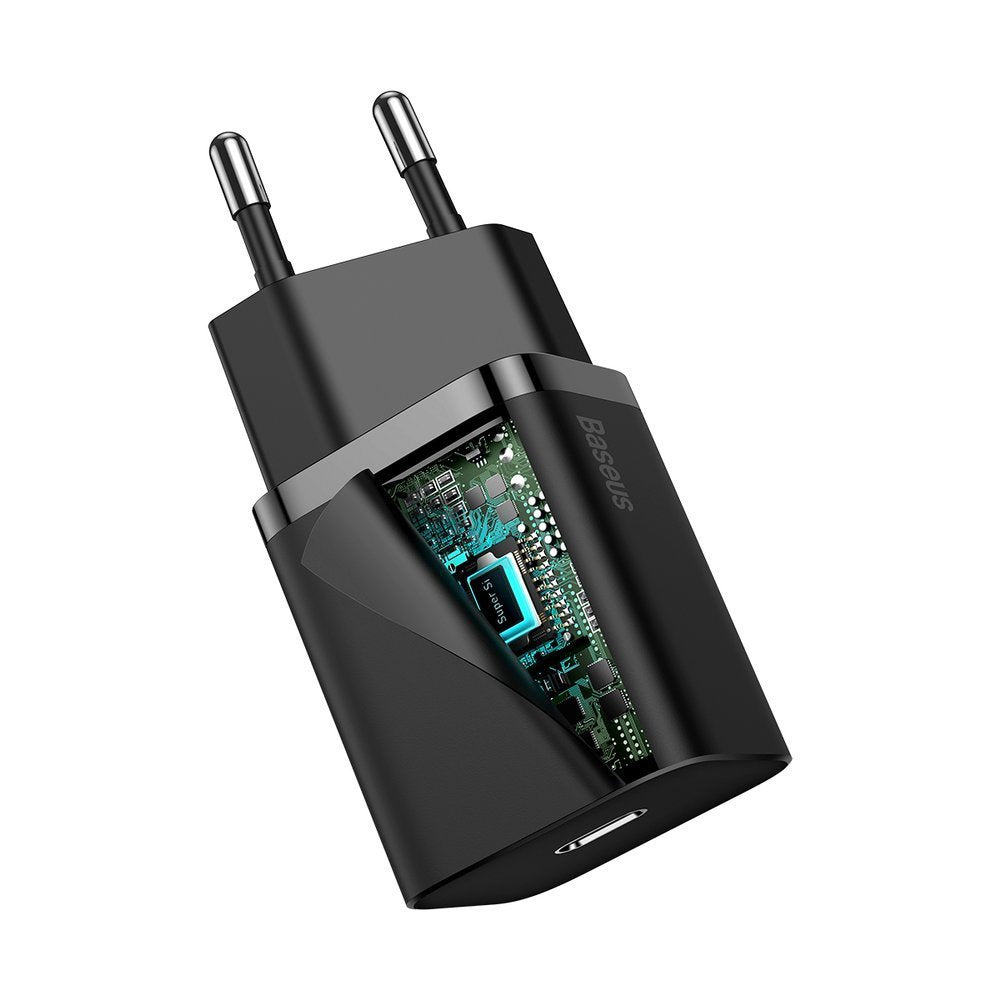 Baseus Super Si -verkkolaturi Lightning-kaapelilla, 20W, 3A, 1 x USB-C, musta TZCCCSUP-B01