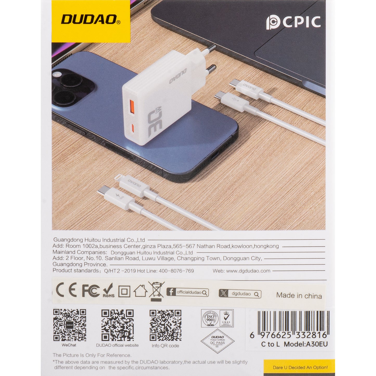 Dudao A30EUL verkkolaturi Lightning-kaapelilla, 30W, 3A, 1 x USB-A - 1 x USB-C, valkoinen
