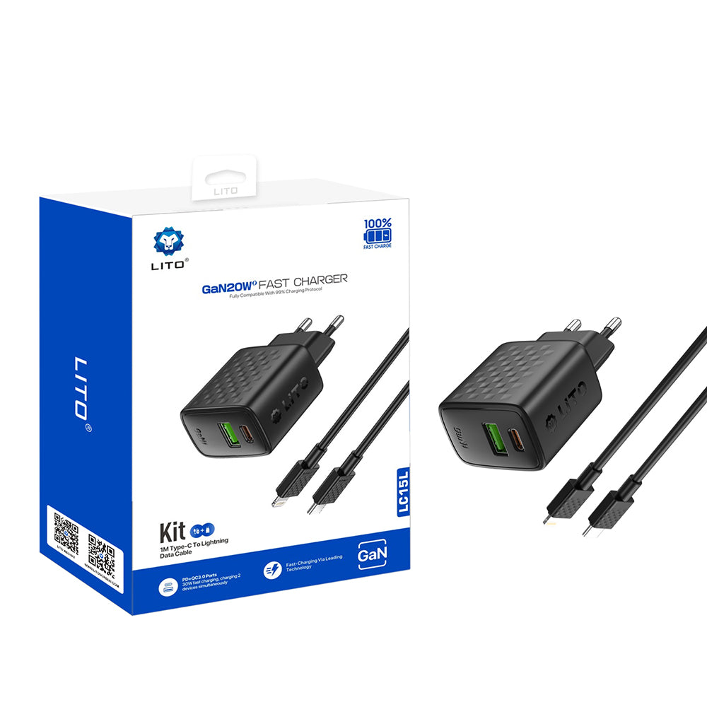 Network Charger with Lightning Cable Lito LC15L, 20W, 3A, 1 x USB-A - 1 x USB-C, Black