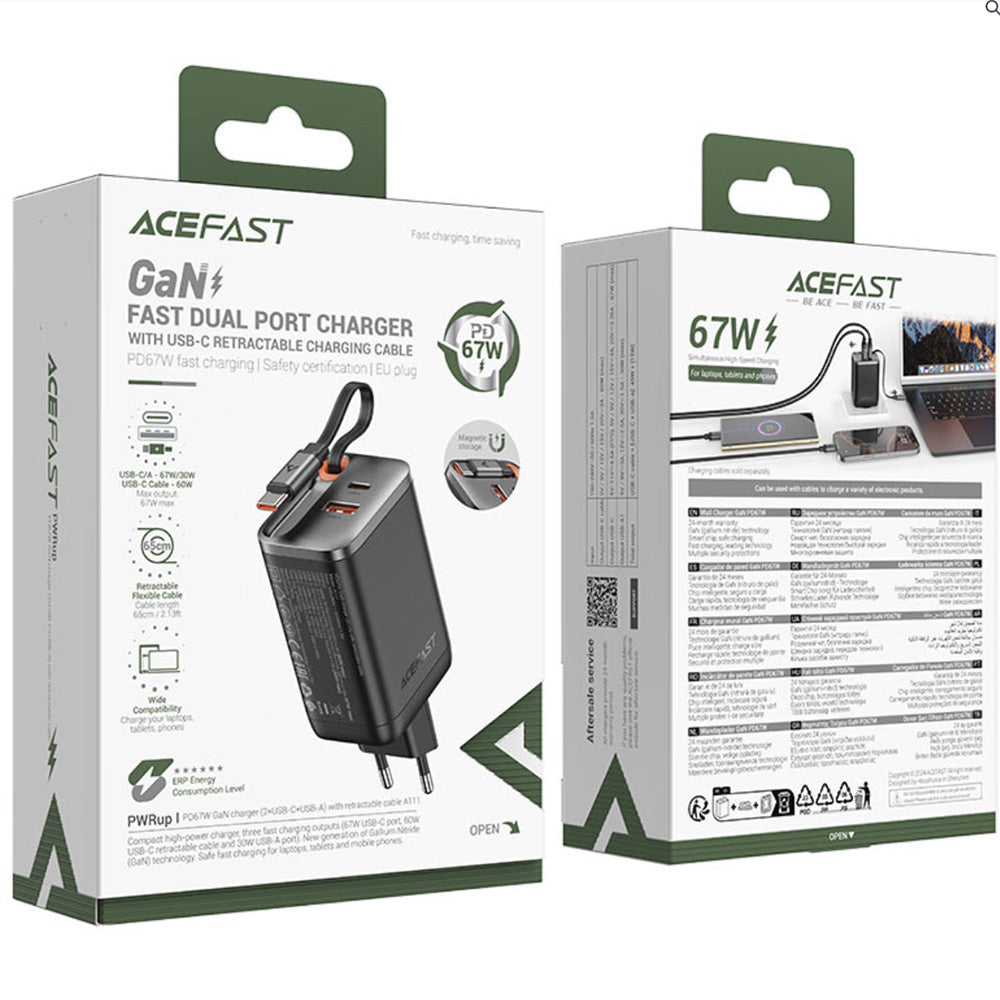 Acefast A111 USB-C Network Charger with Cable, 67W, 3A, 1 x USB-A - 1 x USB-C, Black
