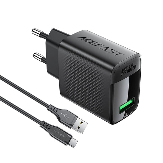 Verkkolaturi USB-C-kaapelilla Acefast A90, 18W, 3A, 1 x USB-A, Musta