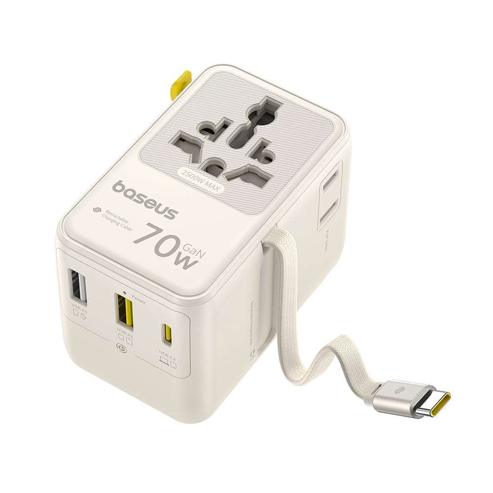 Verkkolaturi USB-C-kaapelilla Baseus Travel EnerCore CG11, 70W, 2 x Pistorasia - 1 x USB-C - 2 x USB-A, Valkoinen E0307E01