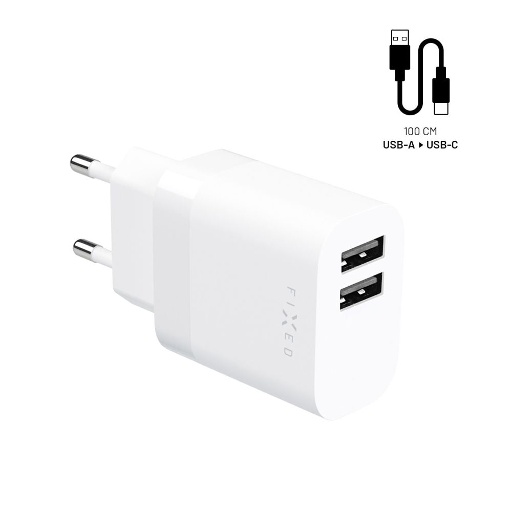 Verkkolaturi USB-C-kaapelilla Fixed, 17W, 3A, 2 x USB-A, Valkoinen