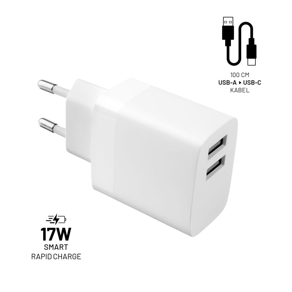 Verkkolaturi USB-C-kaapelilla Fixed, 17W, 3A, 2 x USB-A, Valkoinen