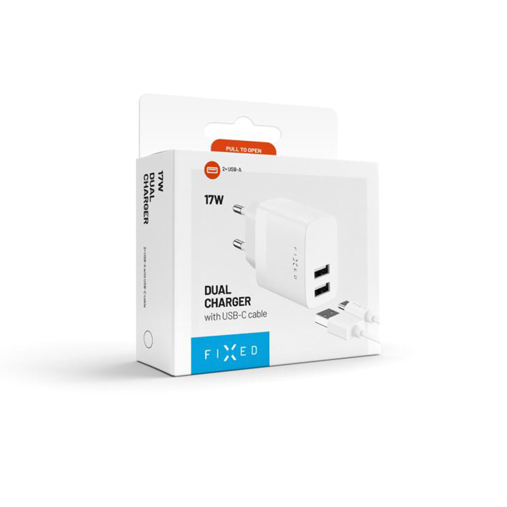 Verkkolaturi USB-C-kaapelilla Fixed, 17W, 3A, 2 x USB-A, Valkoinen