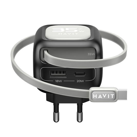 Verkkolaturi USB-C-kaapelilla HAVIT UC251, 35W, 3A, 1 x USB-A - 1 x USB-C, Musta Harmaa