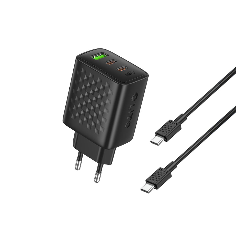 Lito LC25T USB-C-verkkolaturi, 65W, 3.25A, 1 x USB-A - 2 x USB-C, Musta