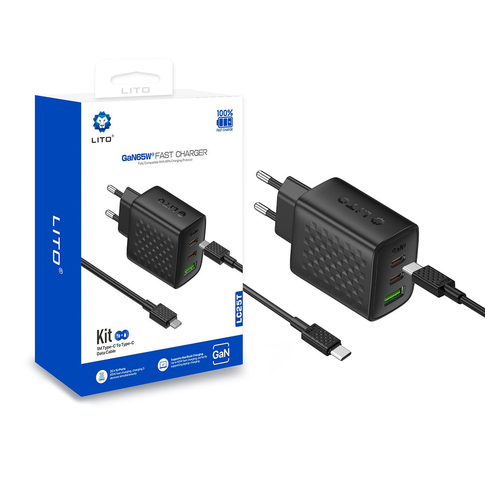 Lito LC25T USB-C-verkkolaturi, 65W, 3.25A, 1 x USB-A - 2 x USB-C, Musta