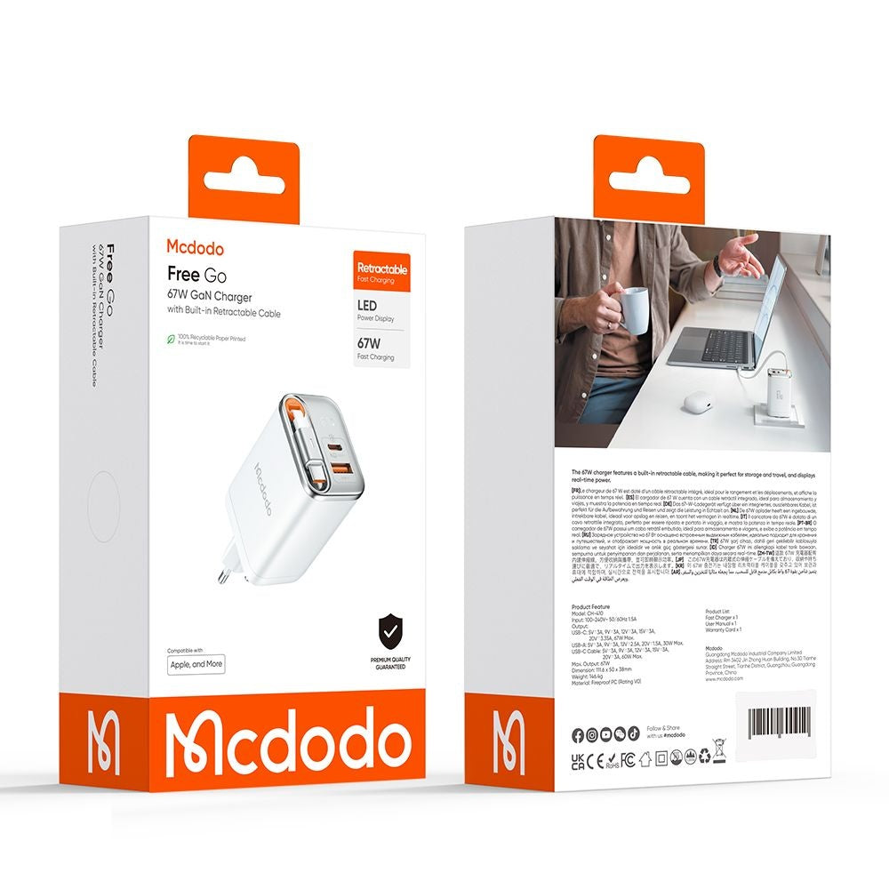Verkkolaturi USB-C-kaapelilla McDodo CH-4103 FreeGo Display, 67W, 3.35A, 1 x USB-A - 1 x USB-C, Valkoinen