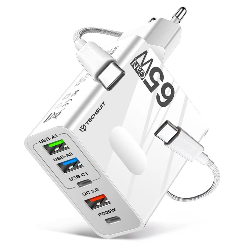 Verkkolaturi USB-C-kaapelilla Techsuit CHC1 PentaXPower, 25W, 3A, 3 x USB-A - 2 x USB-C, Valkoinen