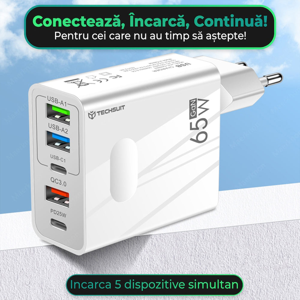 Verkkolaturi USB-C-kaapelilla Techsuit CHC1 PentaXPower, 25W, 3A, 3 x USB-A - 2 x USB-C, Musta