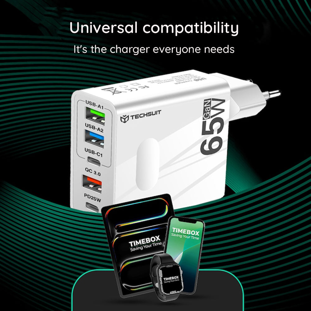 Verkkolaturi USB-C-kaapelilla Techsuit CHC1 PentaXPower, 25W, 3A, 3 x USB-A - 2 x USB-C, Musta