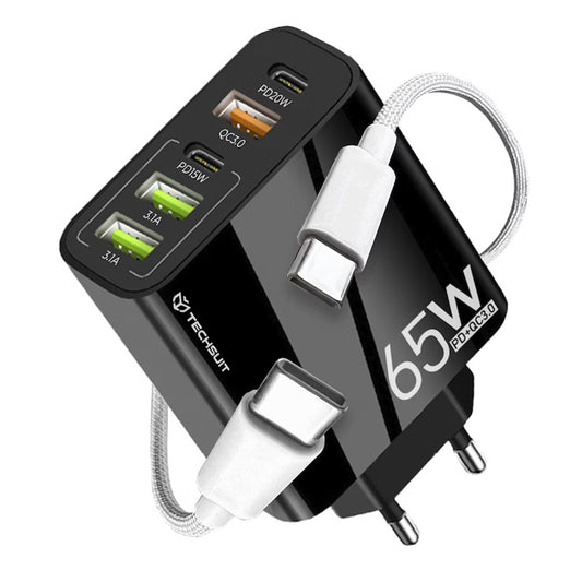 Verkkolaturi USB-C-kaapelilla Techsuit CHC2 PentaXPower, 20W, 3A, 3 x USB-A - 2 x USB-C, Musta