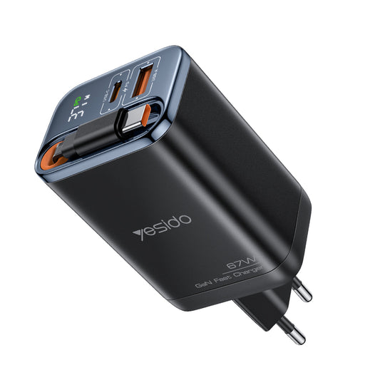 Verkkolaturi USB-C-kaapelilla Yesido YC100 Display, 67W, 3.35A, 1 x USB-A - 1 x USB-C, Musta