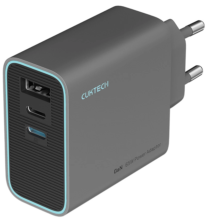 Cuktech-verkkolaturi, 65W, 3A, 1 x USB-A - 2 x USB-C, Harmaa CUKAD653EUGR