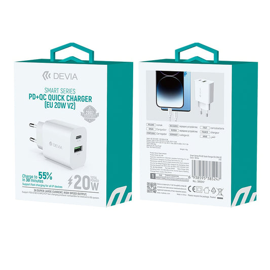 Network Charger DEVIA RLC-389, 20W, 3A, 1 x USB-A - 1 x USB-C, White