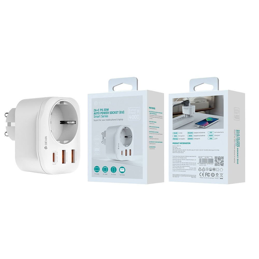 DEVIA WW09-F-PD Verkkolaturi, 20W, 3A, 2 x USB-A - 1 x USB-C - 1 x Schuko, Valkoinen