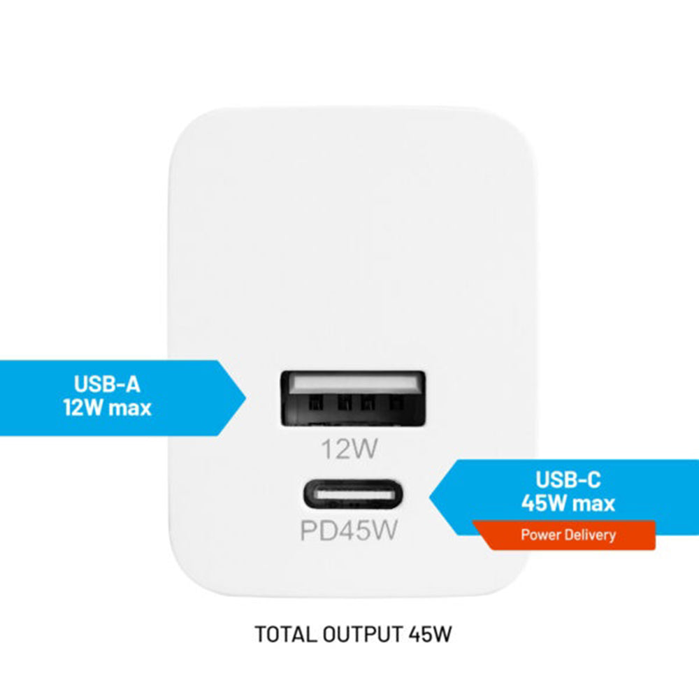 Verkkolaturi Fixed Mini, 45W, 3A, 1 x USB-A - 1 x USB-C, Valkoinen