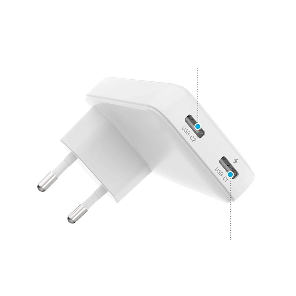 Verkkolaturi Fixed Slim, 45W, 3A, 2 x USB-C, Valkoinen