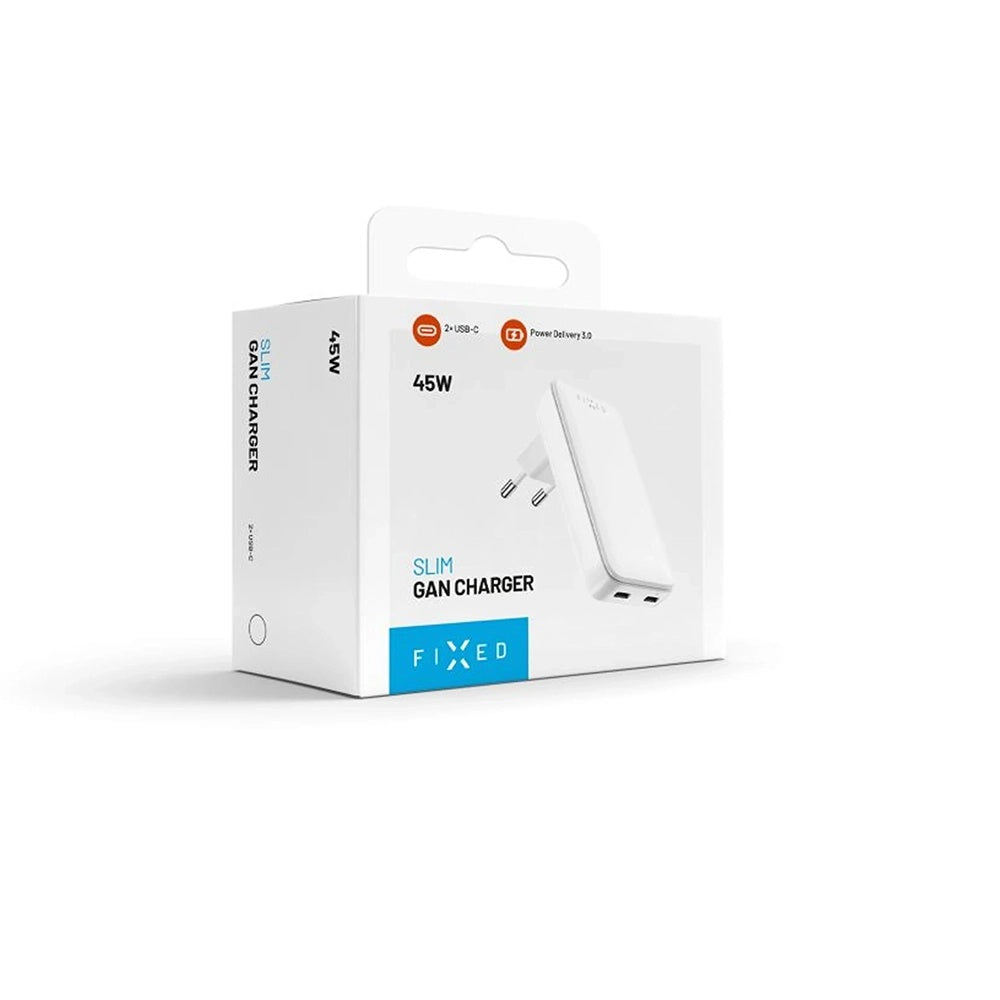 Verkkolaturi Fixed Slim, 45W, 3A, 2 x USB-C, Valkoinen