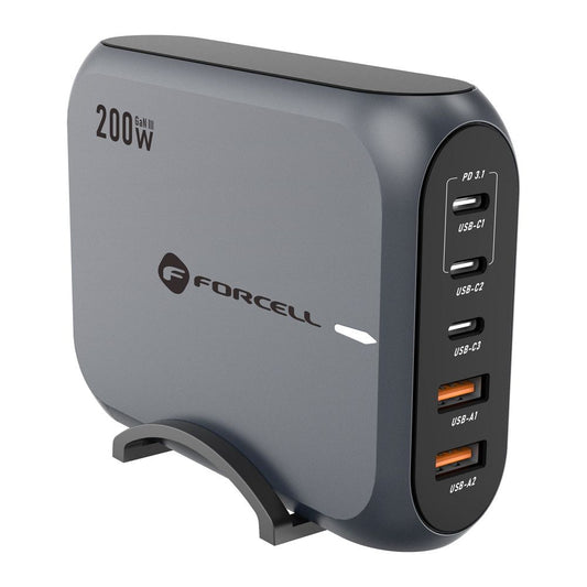 Network Charger Forcell F-ENERGY GaN III VT-51, 200W, 5A, 2 x USB-A - 3 x USB-C, Grey